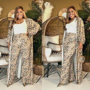 Leopard Print Two-Piece with Maxi Cardigan & Flare Pants